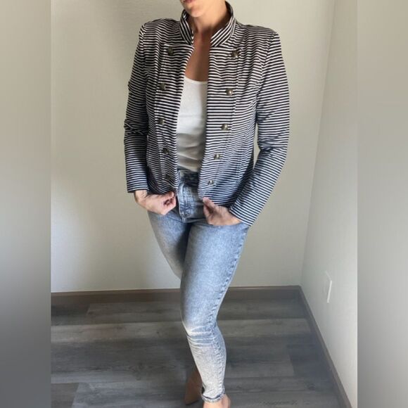 Tommy Hilfiger Stripe Puff Sleeve Jacket Large With Pockets Navy - Picture 3 of 13